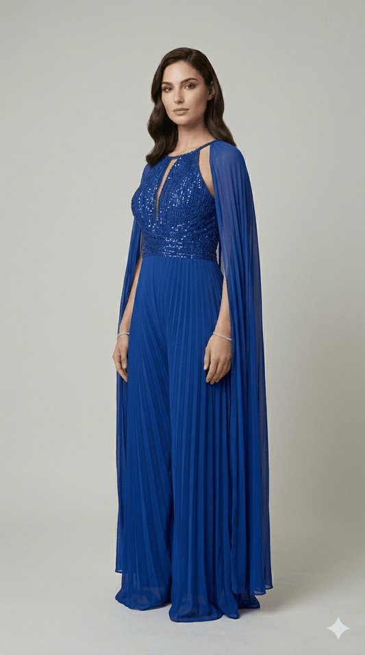 Tuta con stola da cerimonia musani con corpetto in lurex bordato con pietre - Malerba Showroom