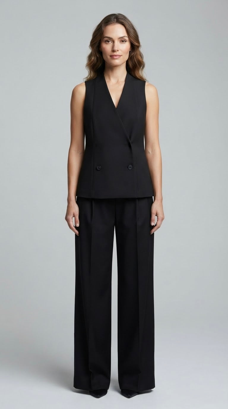 Completo Two Way nero gilet doppio petto+pantalone largo