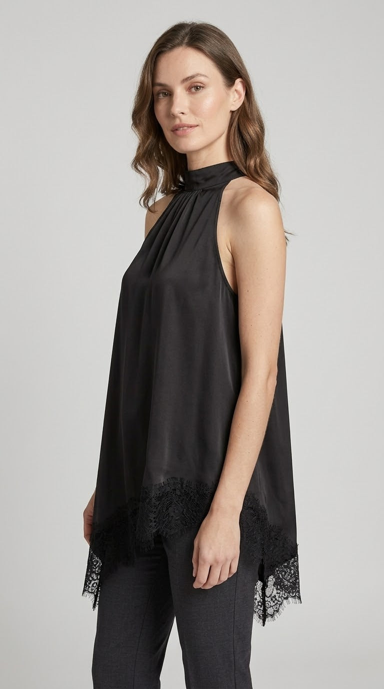 Top asimmetrico Two Way con dettagli in pizzo nero
