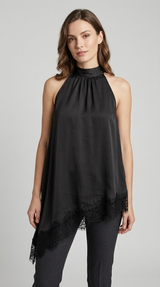 Top asimmetrico Two Way con dettagli in pizzo nero