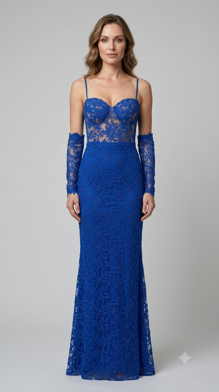 Abito lungo Soani tulle e pizzo blu royal
