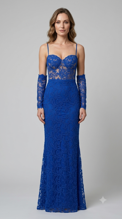 Abito lungo Soani tulle e pizzo blu royal