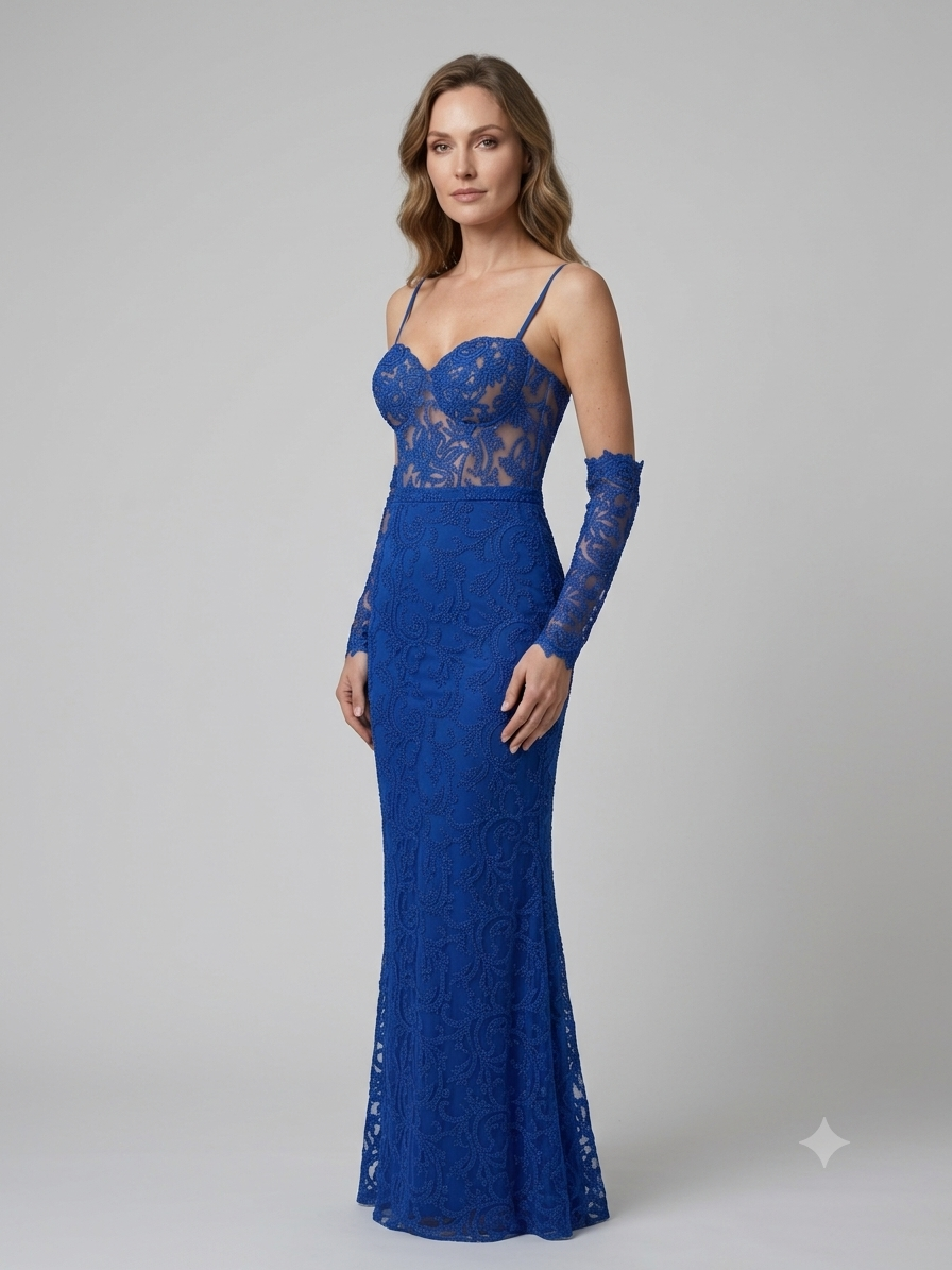 Abito lungo Soani tulle e pizzo blu royal