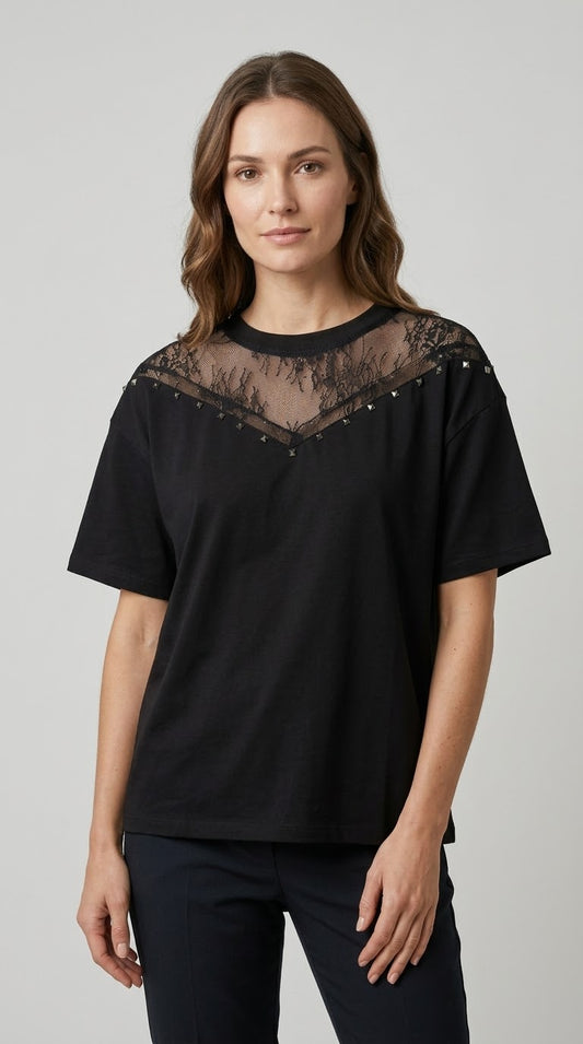 T-shirt Two Way nero in cotone con pizzo e borche
