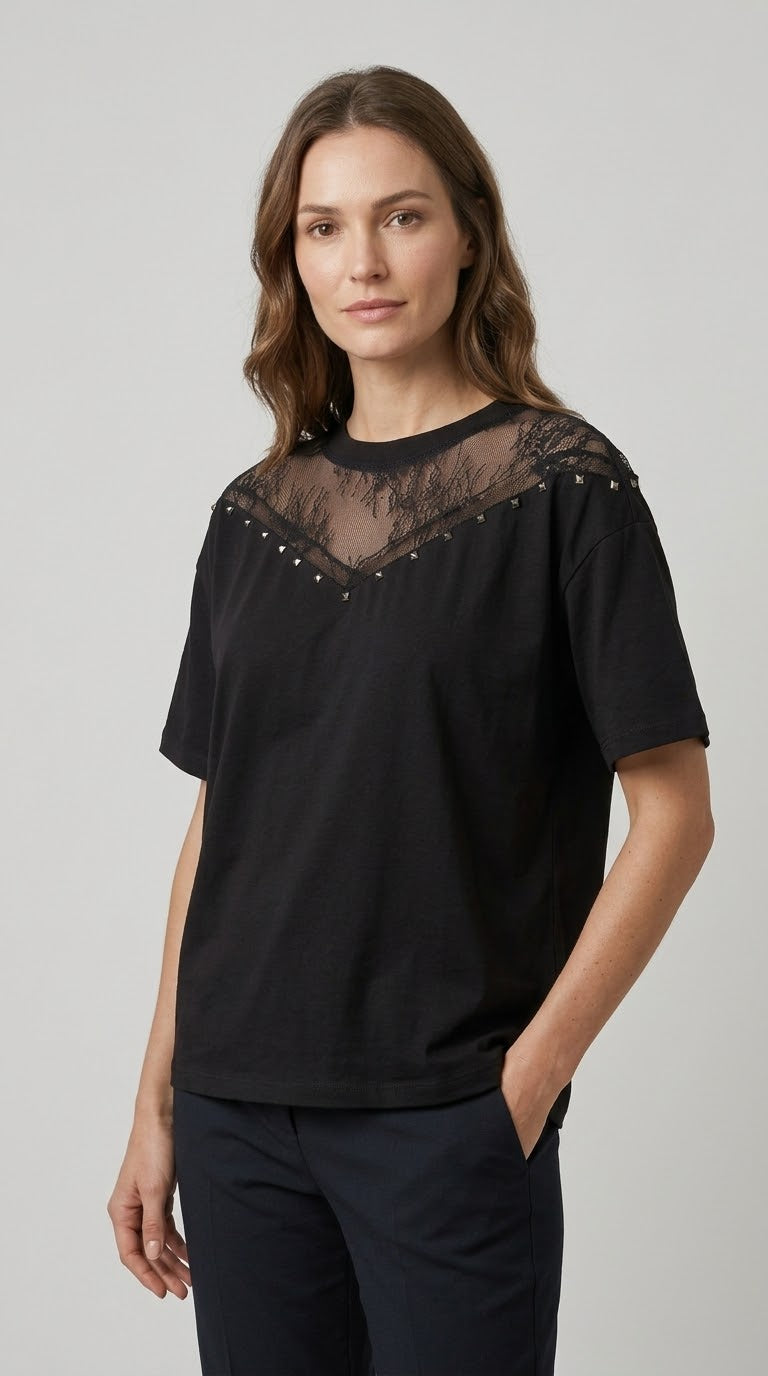 T-shirt Two Way nero in cotone con pizzo e borche