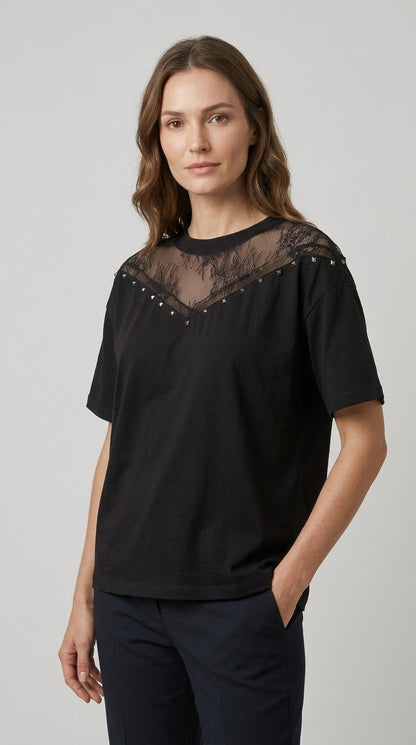 T-shirt Two Way nero in cotone con pizzo e borche