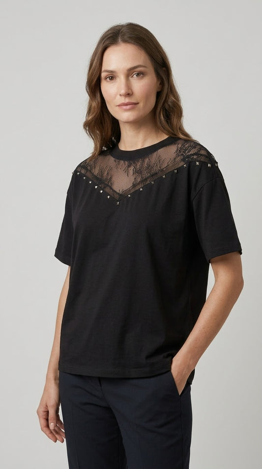 T-shirt Two Way nero in cotone con pizzo e borche