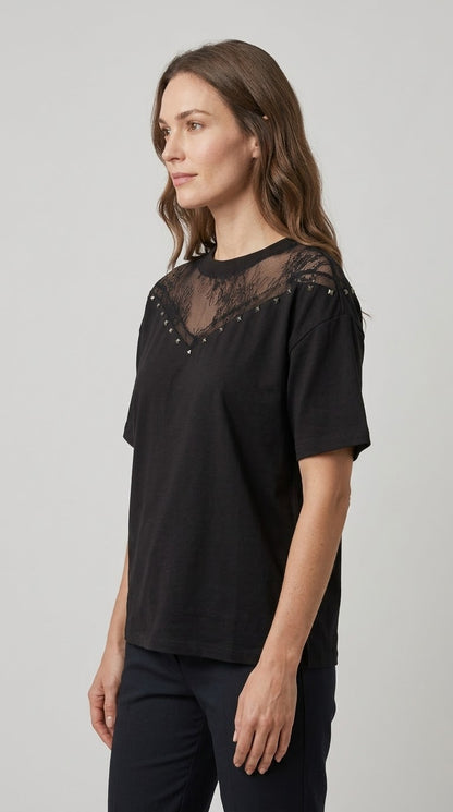 T-shirt Two Way nero in cotone con pizzo e borche