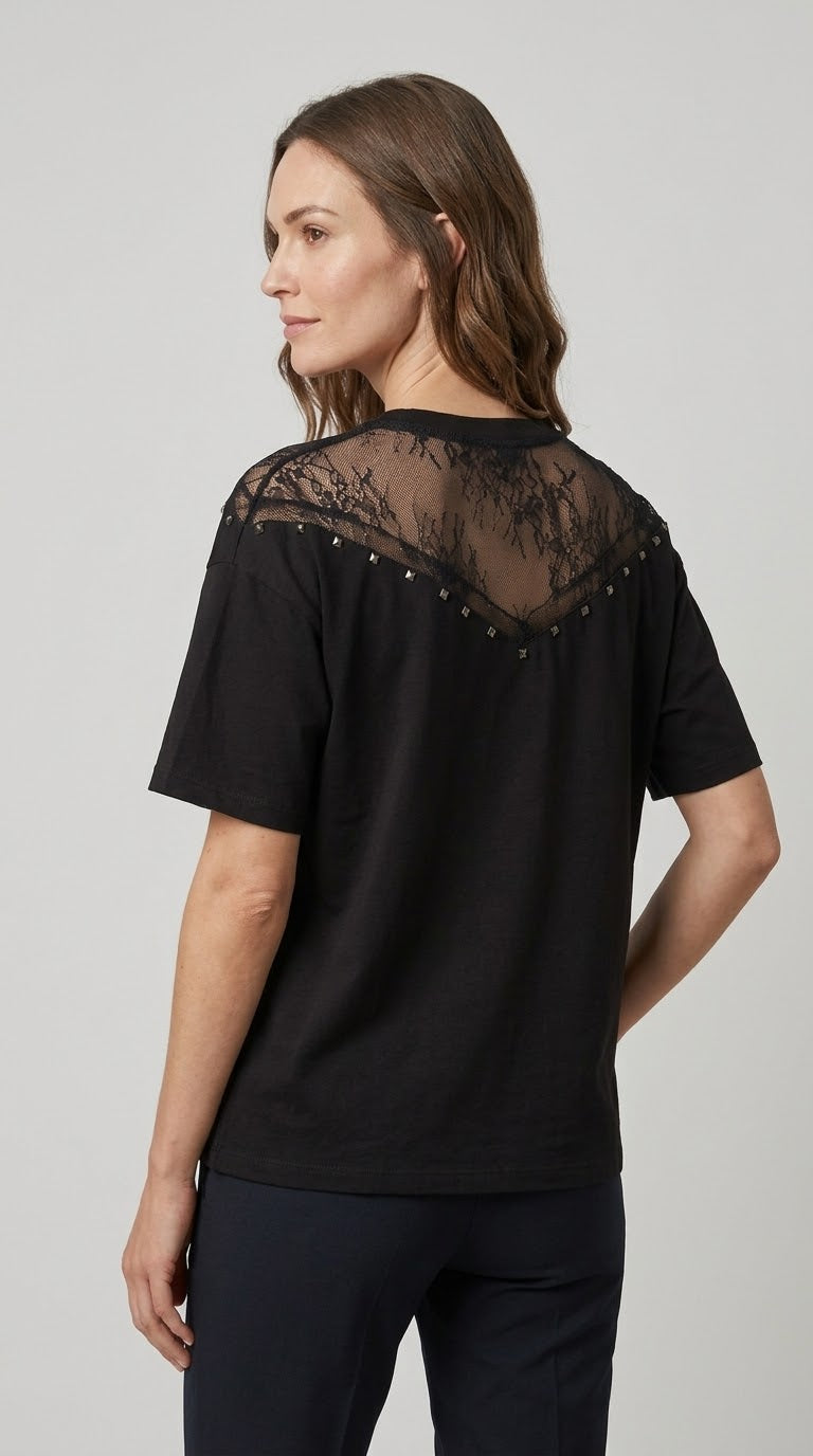 T-shirt Two Way nero in cotone con pizzo e borche