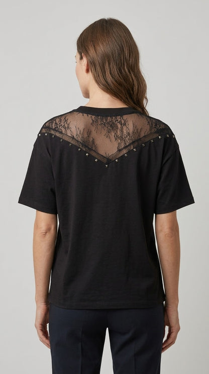 T-shirt Two Way nero in cotone con pizzo e borche