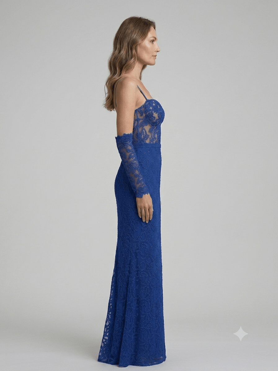 Abito lungo Soani tulle e pizzo blu royal - Malerba Showroom