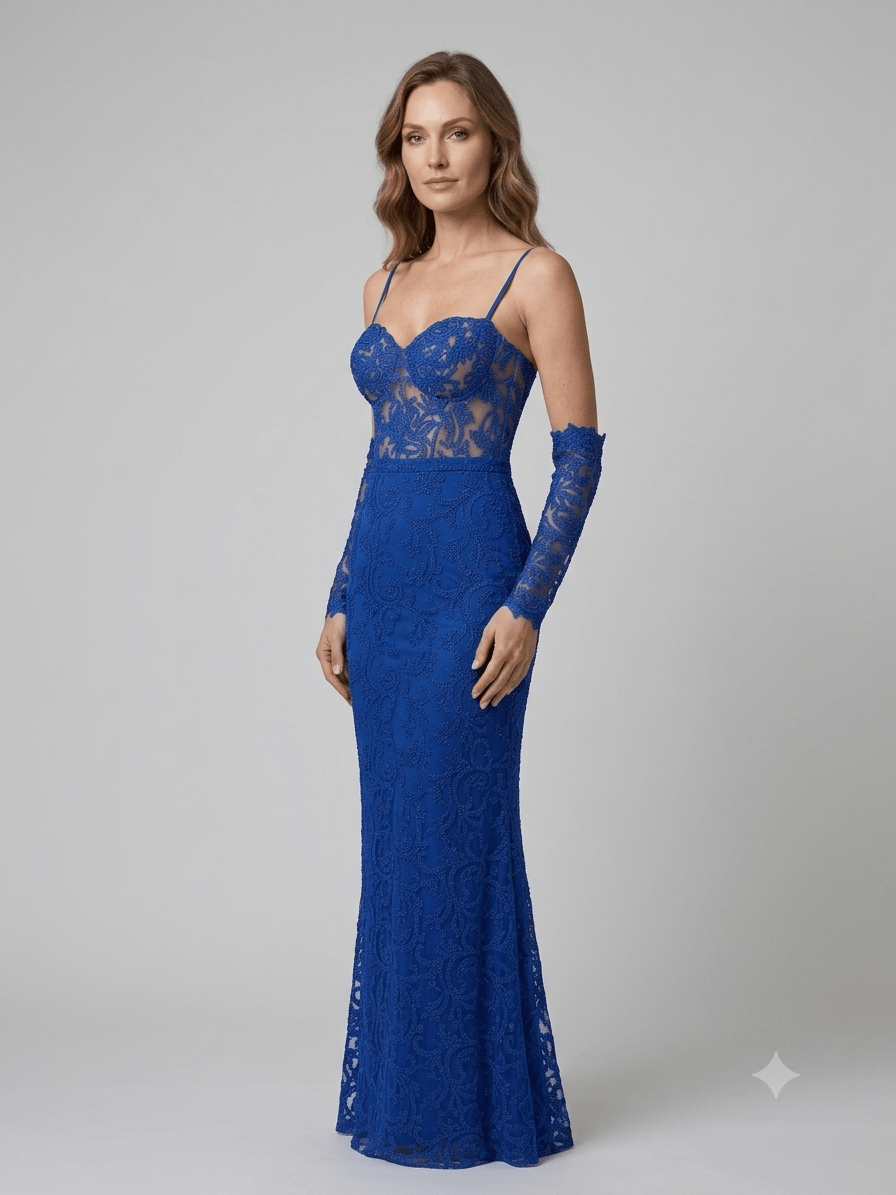 Abito lungo Soani tulle e pizzo blu royal - Malerba Showroom