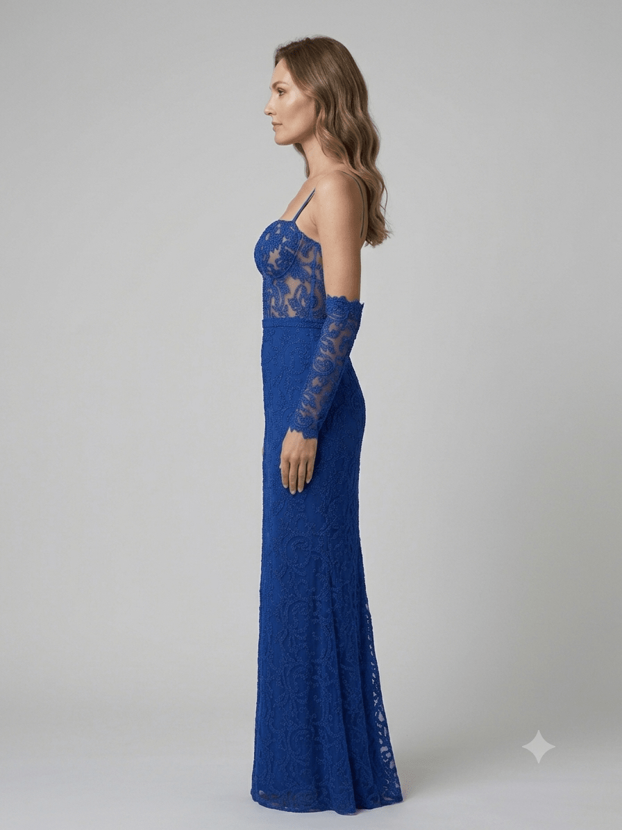 Abito lungo Soani tulle e pizzo blu royal - Malerba Showroom