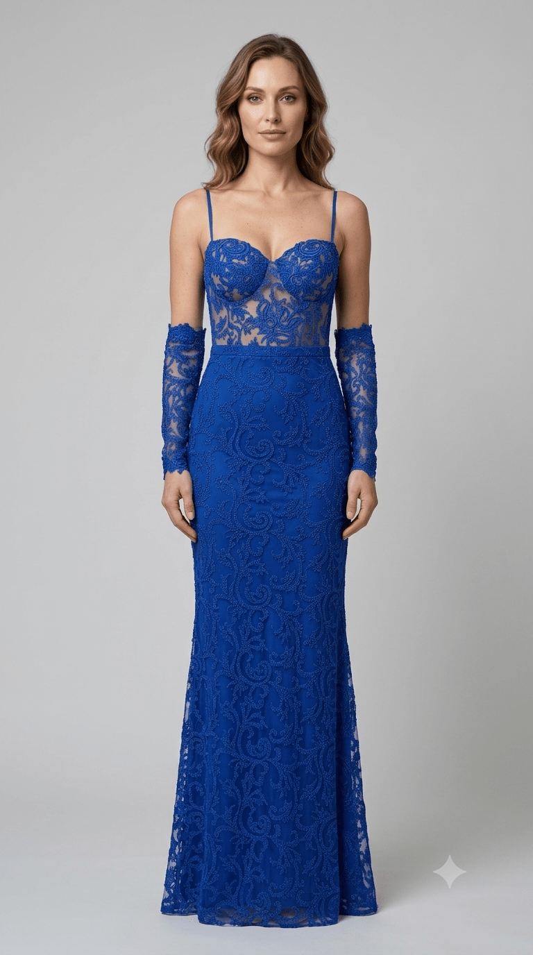 Abito lungo Soani tulle e pizzo blu royal - Malerba Showroom