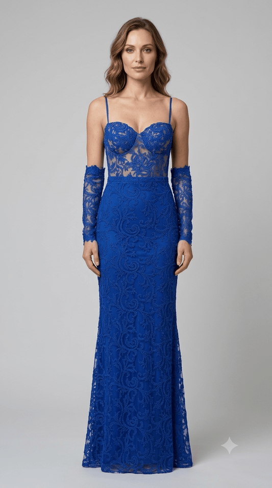 Abito lungo Soani tulle e pizzo blu royal - Malerba Showroom