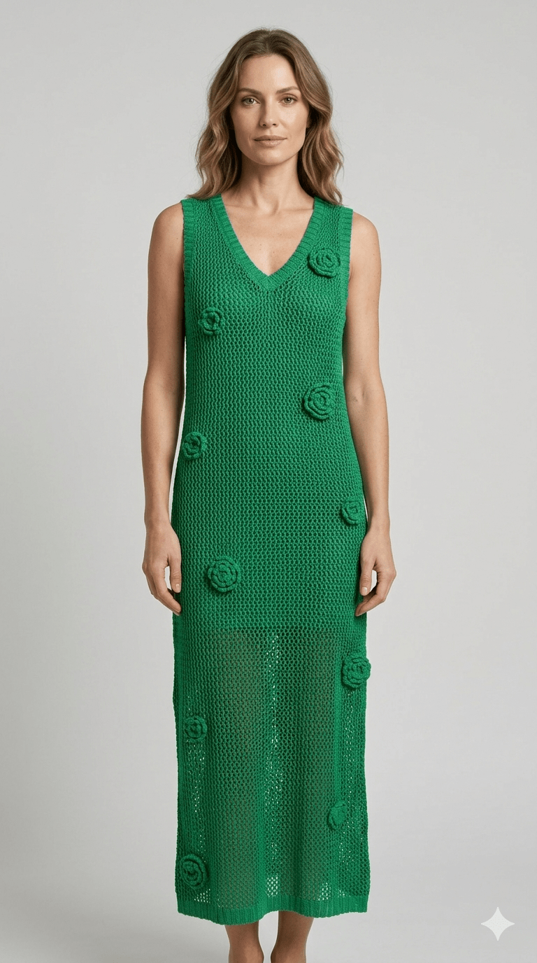 Abito Zoe verde con fiori applicati - Malerba Showroom