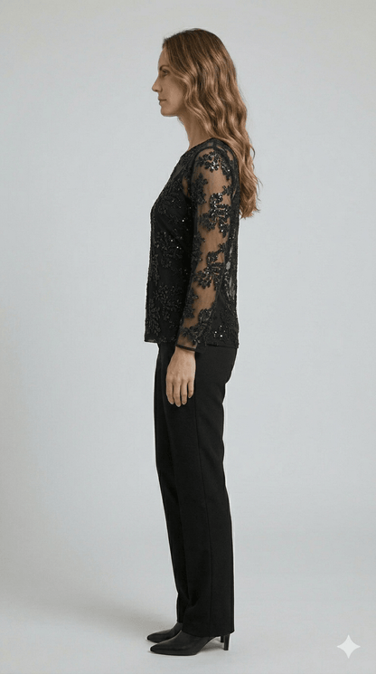 Maglia Tulle con paillettes Operà beige e nera - Malerba Showroom