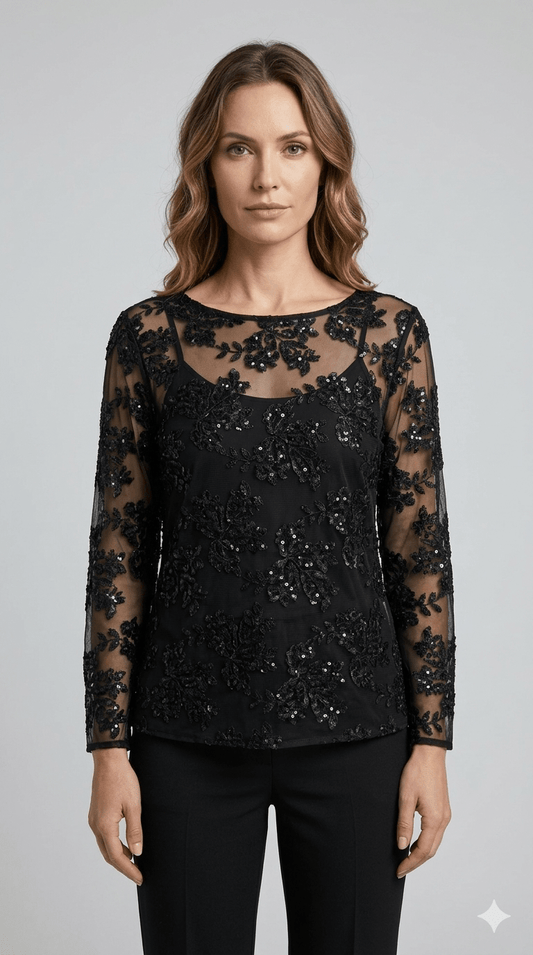 Maglia Tulle con paillettes Operà beige e nera - Malerba Showroom