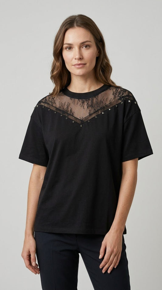 T-shirt Two Way nero in cotone con pizzo e borche - Malerba Showroom
