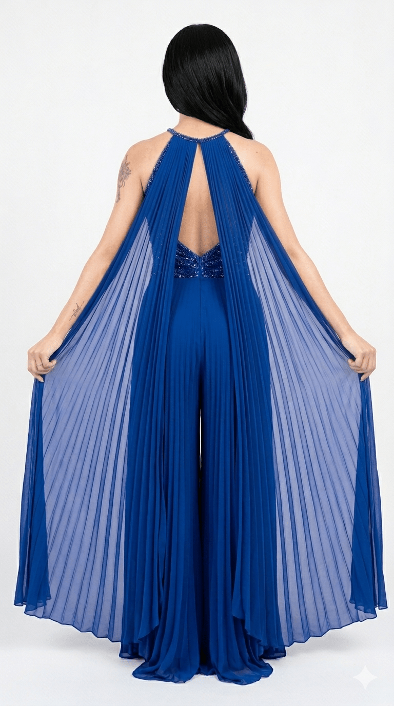 Tuta con stola da cerimonia musani con corpetto in lurex bordato con pietre - Malerba Showroom
