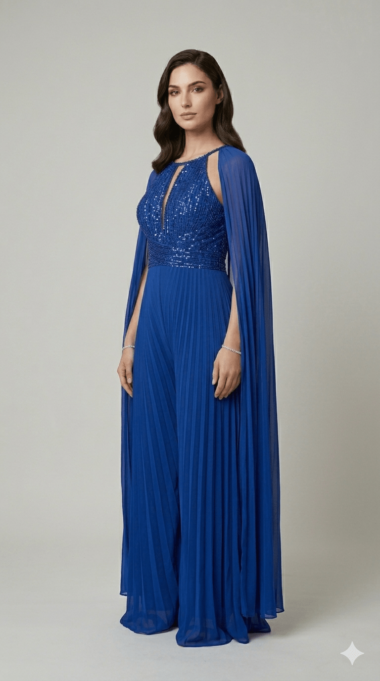 Tuta con stola da cerimonia musani con corpetto in lurex bordato con pietre - Malerba Showroom